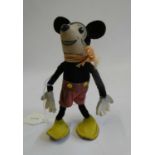 Deans felt Mickey Mouse, with shoe button eyes, registration number to neck, red shorts and yellow