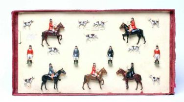 Britains Hunt Set with five riders, four figures and nine dogs, all items strung to packaging, box