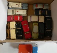 Unboxed Dinky Vehicles including ambulance, cars, bus and tipper truck, some items have minor