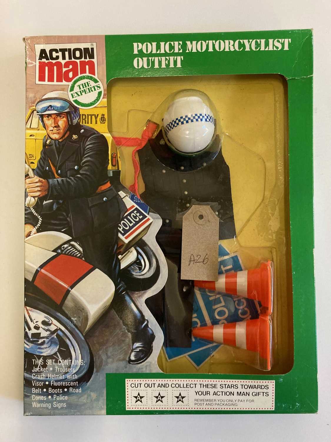 Action Man Police motorcyclist outfit in unopened display packaging, complete with cones and