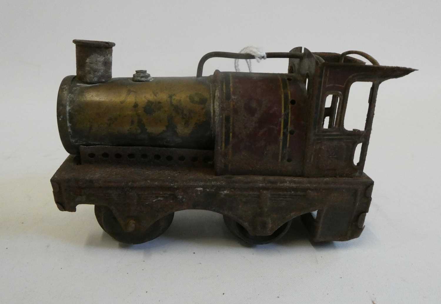 Bing 0-4-0 single cylinder steam locomotive, body work rusting, cab roof and sprit burner missing,