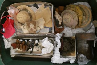 Box of good quality antique dolls clothes and accessories, including shoes and hats Condition