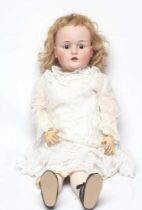 A J. D. Kestner bisque socket head doll, with brown glass sleeping eyes, open mouth, applied