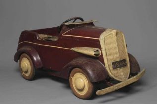 Lines Brothers vintage open tourer pedal car, pressed metal construction with maroon pin striped