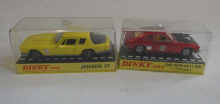 Dinky 188 Jenson FF in yellow and 213 Ford Capri rally car, both in display boxes, excellent
