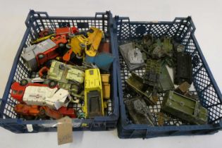 Quantity of playworn diecast vehicles including trucks, Dinky conveyer and Army vehicles, most items