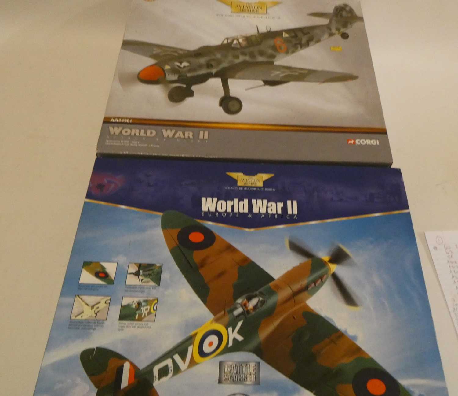 Corgi Aviation Archive 1:32 scale models comprising Spitfire Mk1 No 19 Squadron and ME109G, both