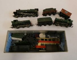 Playworn Trains by Hornby and other including two Pannier tanks and goods trucks, fair to poor