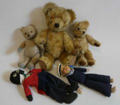 Five vintage stuffed toys, comprising a 17" Chad Valley bear with fabric label, two smaller teddy