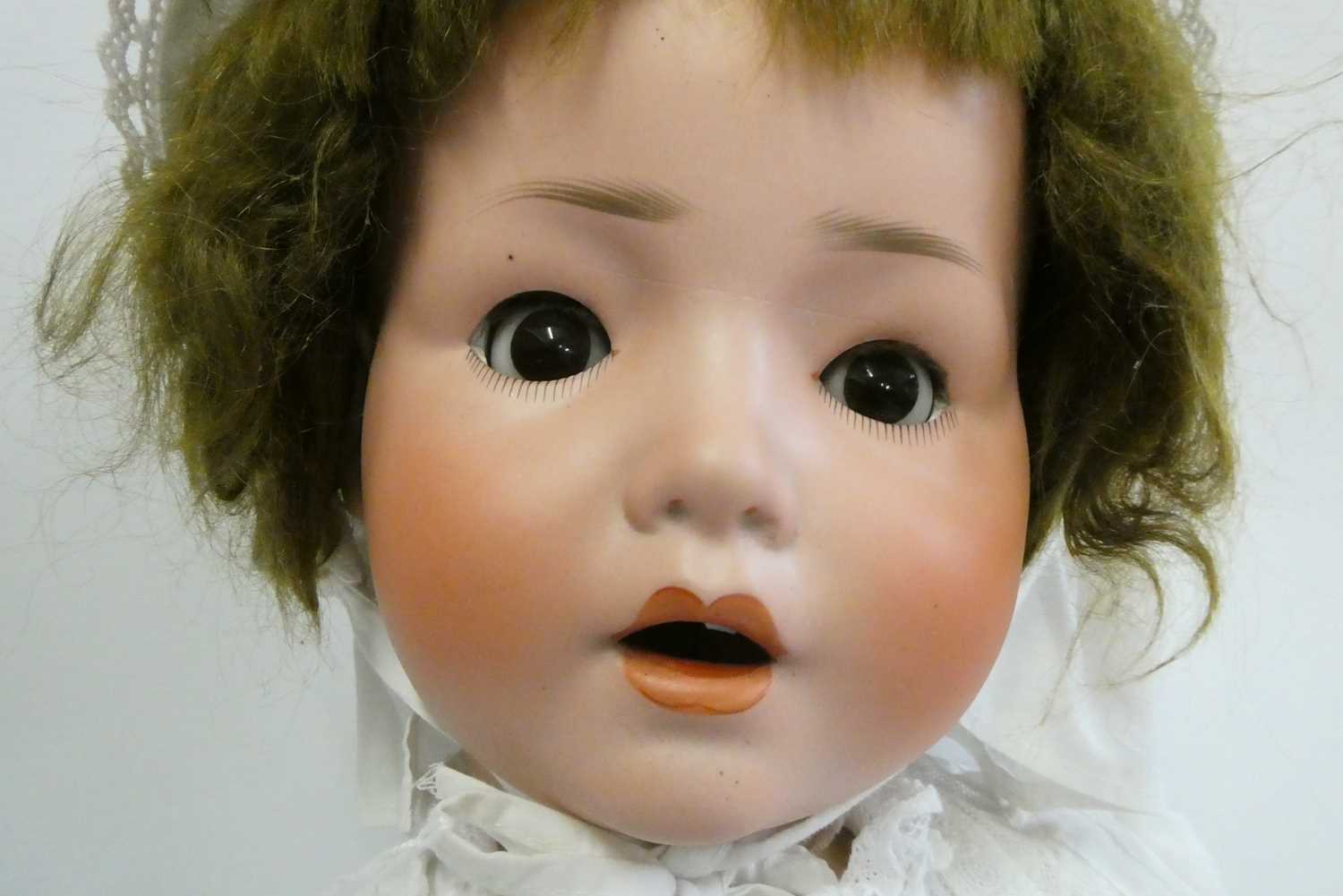 A Schoenau & Hoffmeister bisque socket head doll, brown glass sleeping eyes, open mouth, composition - Image 2 of 3