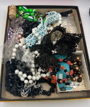 A box of miscellaneous beads, trimmings, brooches, jet etc. Box size 28cm x 22cm x 3.5cm.