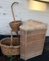 Basket work to include corner laundry basket, 67cm h. walking stick with basket attached and a