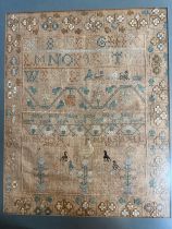 A 18thC cross stitch sampler worked by Priscilla Marshall March 10th 1768. Frame size 53cm x 46cm.