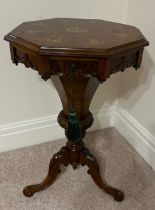 A Victorian octagonal burr walnut sewing box with fitted interior. 73cm h x 48cm x 48cm.