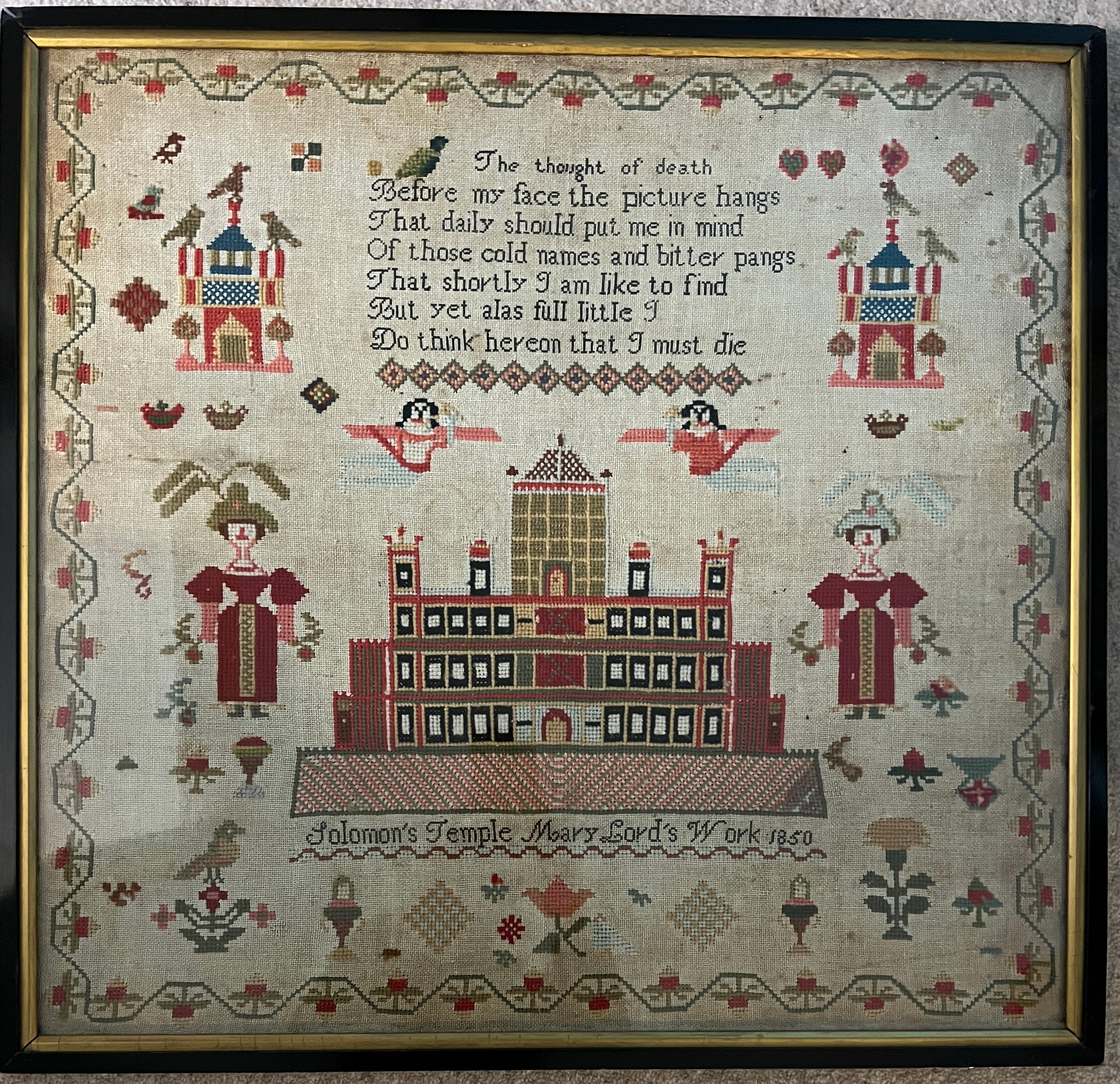 A 19thC wool work sampler depicting Solomon’s Temple, Mary Lord’s work 1850. 61.5 cm x 65cm.