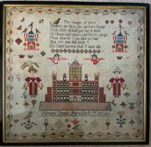 A 19thC wool work sampler depicting Solomon’s Temple, Mary Lord’s work 1850. 61.5 cm x 65cm.