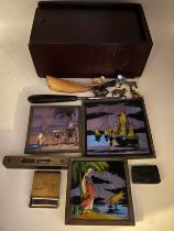 Miscellaneous lot to include butterfly wing pictures, brass mounted spirit level, ebony handled