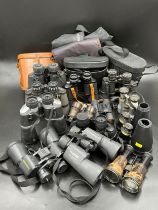 Collection of various binoculars to include Bushnell Powerview 10x50, Olympus 10x50 DPS with bag,