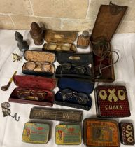 An interesting miscellany to include pewter pepperette, treen sifter, vintage spectacles, glass