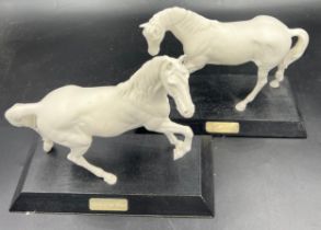 Two Beswick white horses, 24cm h, on wooden plinths. “Spirit of Youth” and “ Spirit of the Wind”.