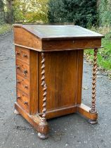 Mahogany Davenport with barley twist supports, small single drawer over four drawers to side and
