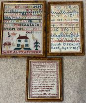 Three 19thC samplers to include Jane Alexander 1892, Sarah Elizabeth Reed 1851 and Ellen Stacey