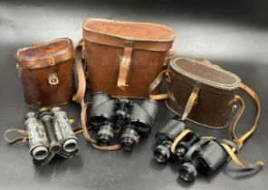 Three sets of binoculars to include a pair of military 1944 WW2 Graticule Apart R E L Canada,