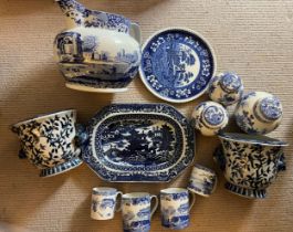 A quantity of mainly 20thC blue and white ceramics to include Spode, Mason's Ironstone etc plus