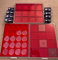 Three Lindner high quality coin trays with 8 boxes of Lindner coin capsules.