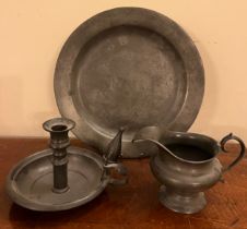 Pewter to include plate 27.5cm d, chamber stick and snuffer and a jug.