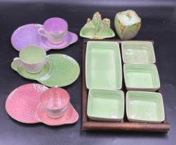 Various ceramics to include an oak tray with five Clarice Cliff green ceramic dishes, 3 x vintage