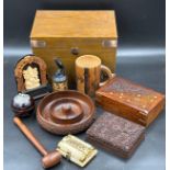 An assortment of mainly wooden items to include an Indian circular dish, a hand carved card box, two