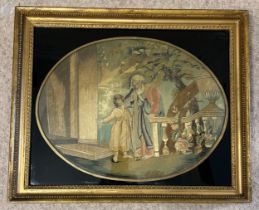 An 18thC silk work picture Tobias and his blind father behind verre eglomisé glass. 44cm x 53cm