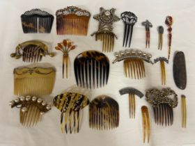 A quantity of 19thC hair combs and decorations to include tortoiseshell. Many with hinged