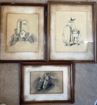 Three various original sketches, depicting horses, a woman washing and a continental building, all