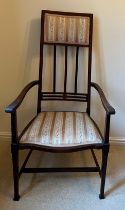 Edwardian mahogany inlaid armchair with upholstered seat and back. 112 cm h to back.