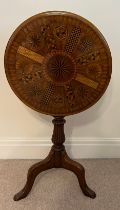 A 19thC mahogany and parquetry inlaid tip top table, inscribed to underside of top “G. Chambers