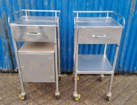 Two vintage stainless steel hospital cabinets on wheels. 87cm h x 41cm x 41cm .