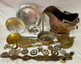 A quantity of brass, copper and pewter ware to include three Keswick School of Industrial Art