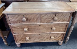 A 19thC satinwood chest of 2 short over 2 long drawers with wooden knobs. 96 w x 46 d x 76cm h.