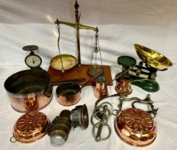 A miscellany to include a set of balance scales, a set of Salters copper letter scales c 1880,