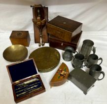 Miscellany to include a copper wall hanging, Burmese brass gong, two wooden boxes, wooden money box,
