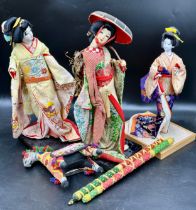 Three vintage Geisha dolls on stands and an Indian Folk Art fabric horse etc.