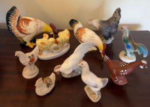 Ten various vintage ceramic chickens and cockerels to include Carlton ware, Royal Copenhagen,