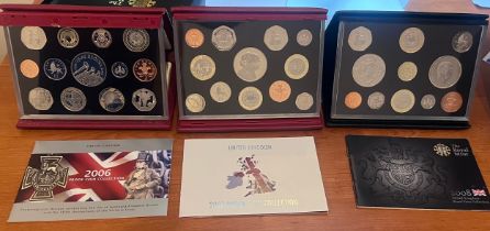 Three cased sets of United Kingdom proof coins, limited editions issued by Royal Mint with