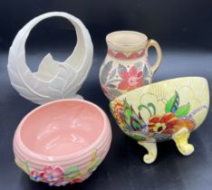 Ceramics to include a tube lined Crown Ducal jug, 22cm h, Clarice Cliff bowl, unmarked yellow and
