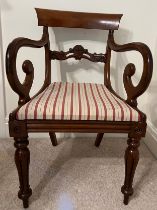 Regency mahogany elbow chair. 84cm h to back.