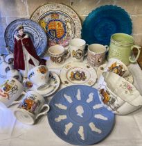 A quantity of Royal commemorative memorabilia to include blue pressed glass plate for Queen