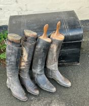 Two pairs of gentleman's leather riding boots, both with wooden trees, one pair military with the