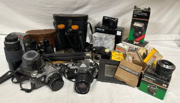 Various cameras, lenses and binoculars to include Pentax ME Asahi with Asahi lens, Pentax ME Super